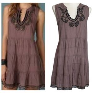 Free People Tiered Mini Dress Womens Medium Embroidered Sequins Lace Trim Mauve